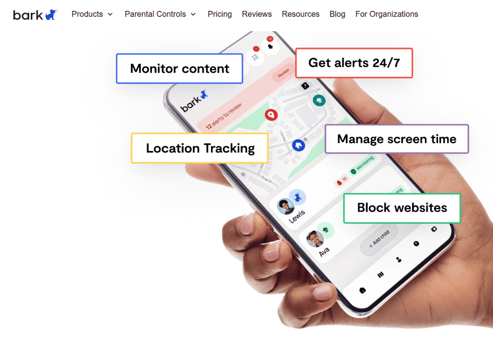 GPS tracking app showcasing content monitoring, alerts, location tracking, screen time management, and website blocking features for parental control.