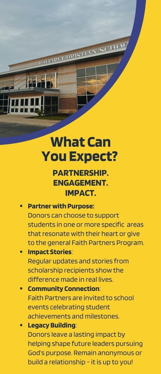 Faith Partners giving poster describes nine scholarship opportunities for donors to support Calvary students and families.