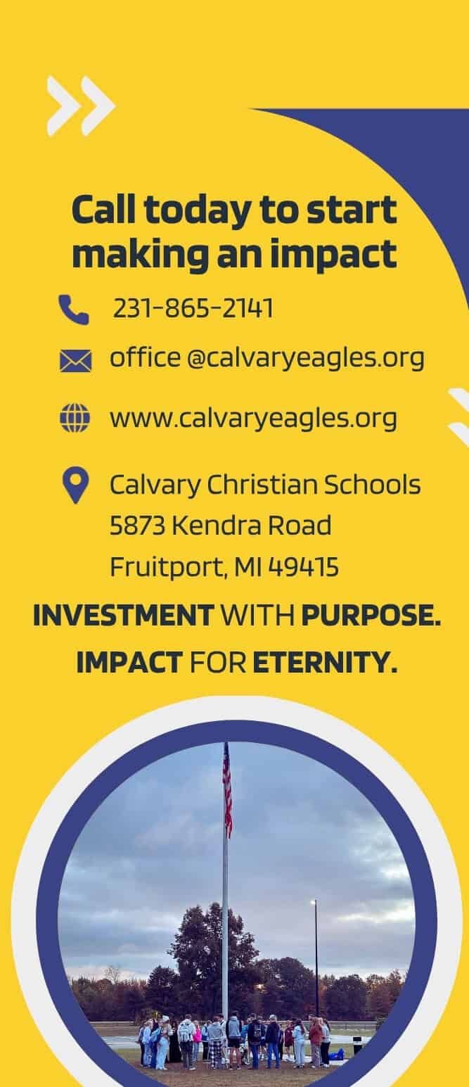 Faith Partners contact poster with ways to give and Calvary Christian Schools office contact details.