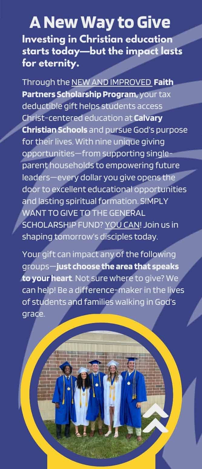 Faith Partners invitation explains tax-deductible giving for Christ-centered education and the scholarship program.