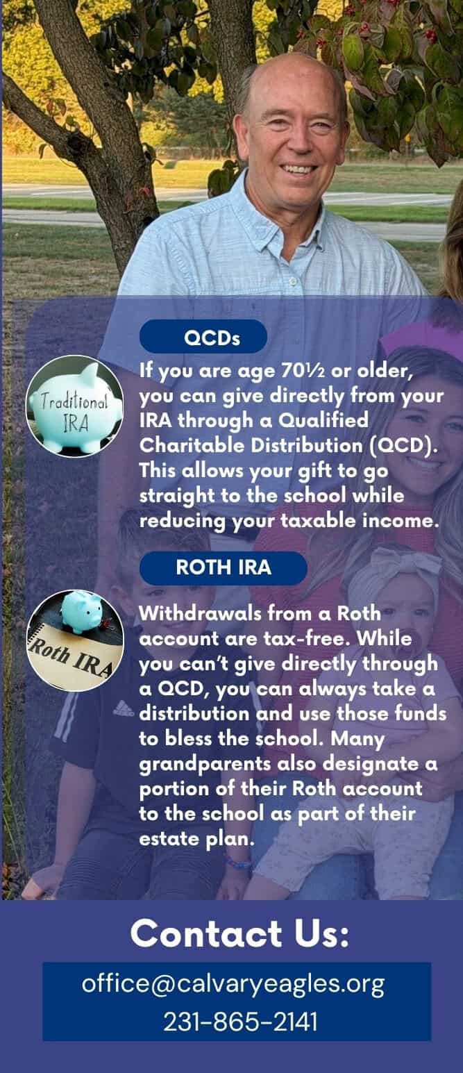 Legacy Builders poster describes qualified charitable distributions and Roth IRA withdrawals as giving options.