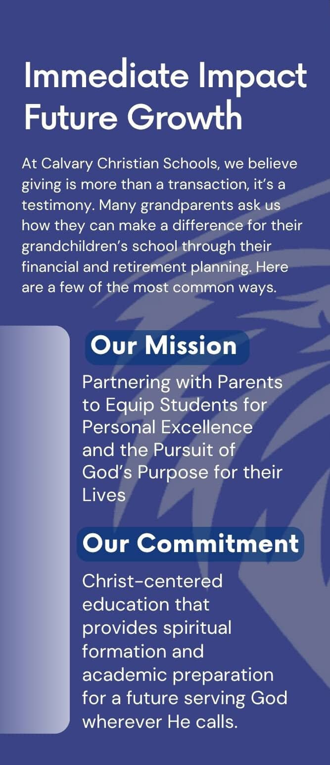 Legacy Builders poster describes the school mission and commitment to Christ-centered education.