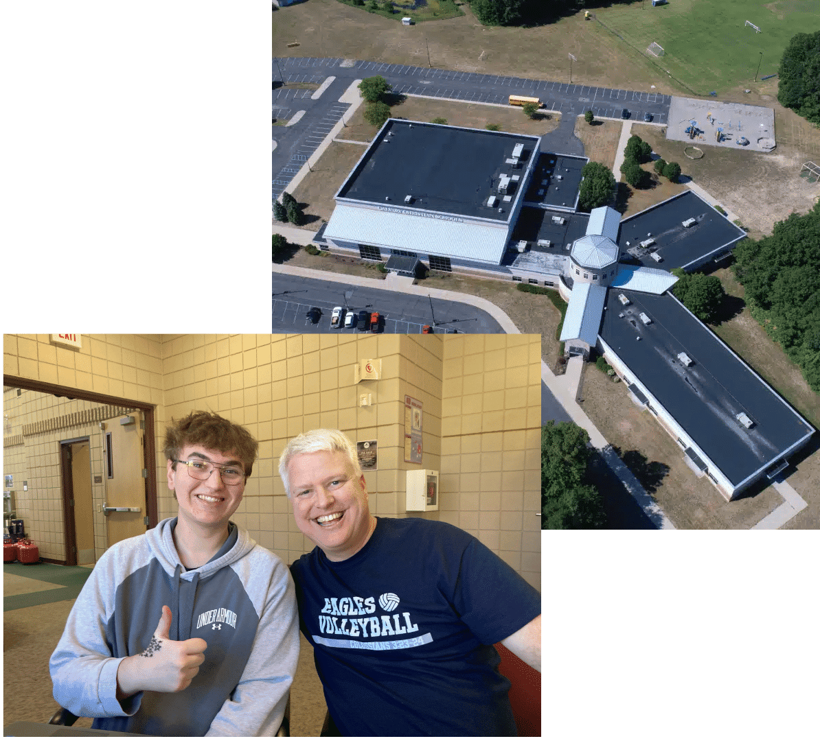 Calvary student and staff member with an aerial view of campus